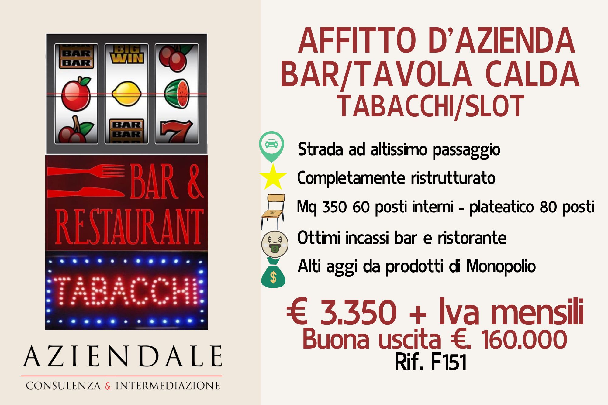 BAR/TAVOLA CALDA CON SLOT E LICENZA TABACCHI