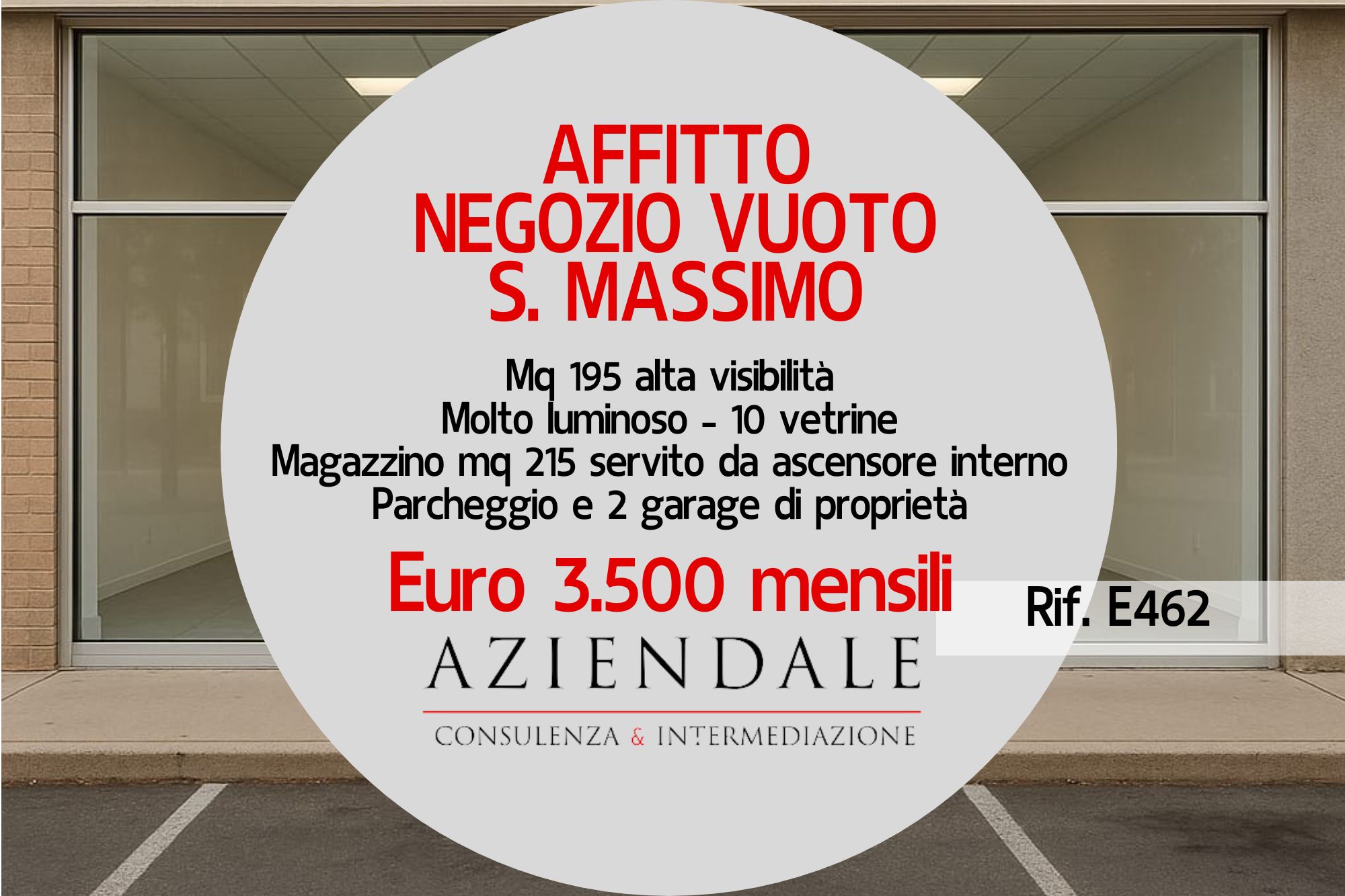 Negozio 10 vetrine – magazzino – parcheggio